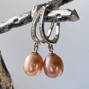925 Sterling Silver Lavender Cultured‎ Freshwater Drop Pearl Dangle Earrings